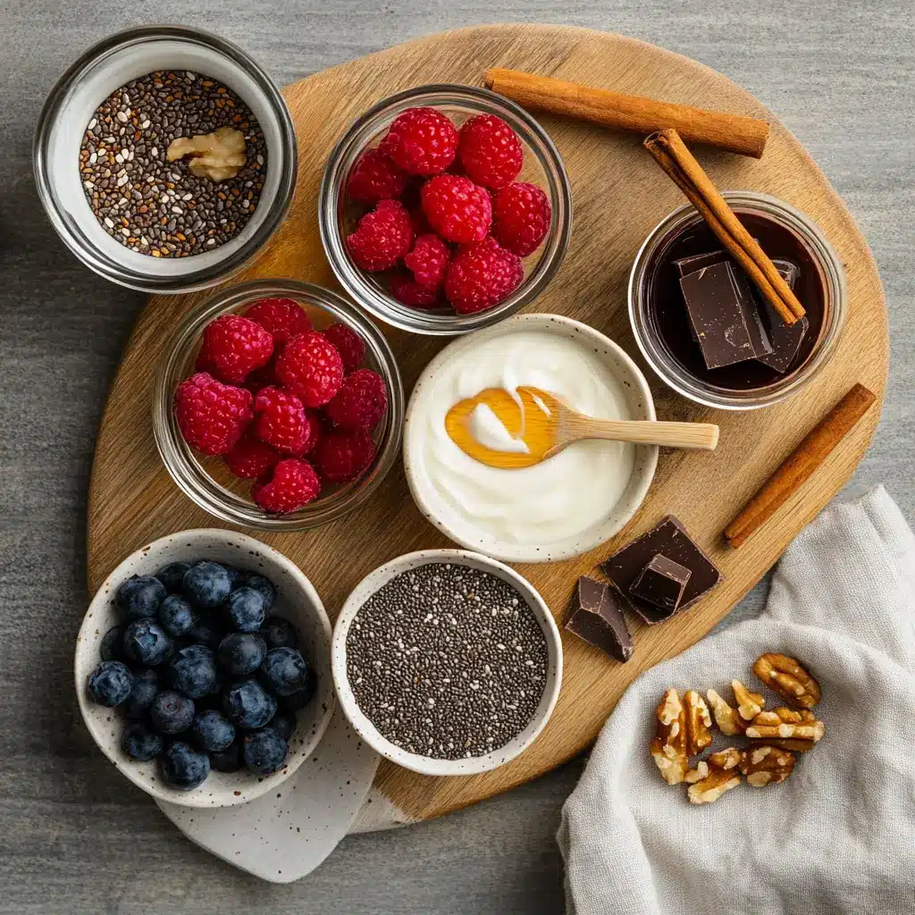 Greek Yogurt Chia Pudding: Easy Delicious Recipe 4 Ingredients for making GREEK YOGURT CHIA PUDDING including Greek yogurt, chia seeds, almond milk, berries, and honey