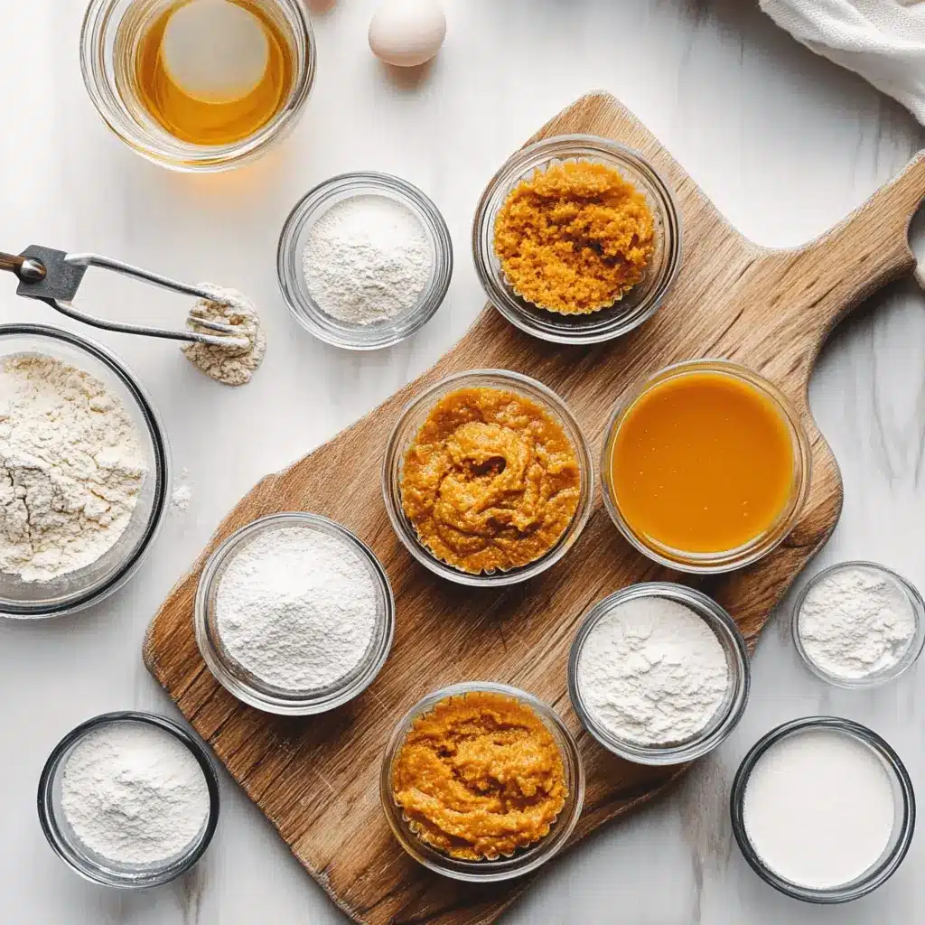 Ingredients for Greek yogurt pumpkin muffins including pumpkin puree, cinnamon, nutmeg, and yogurt arranged on a kitchen counter