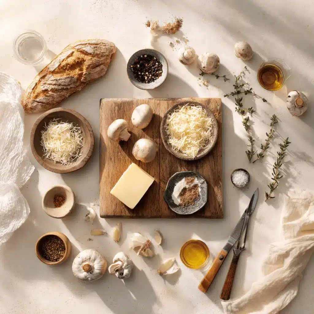 Gourmet Cheesy Mushroom: 5 Irresistible Recipes 4 Gourmet Cheesy Mushroom crostini with melted cheese thyme and olive oil on sourdough