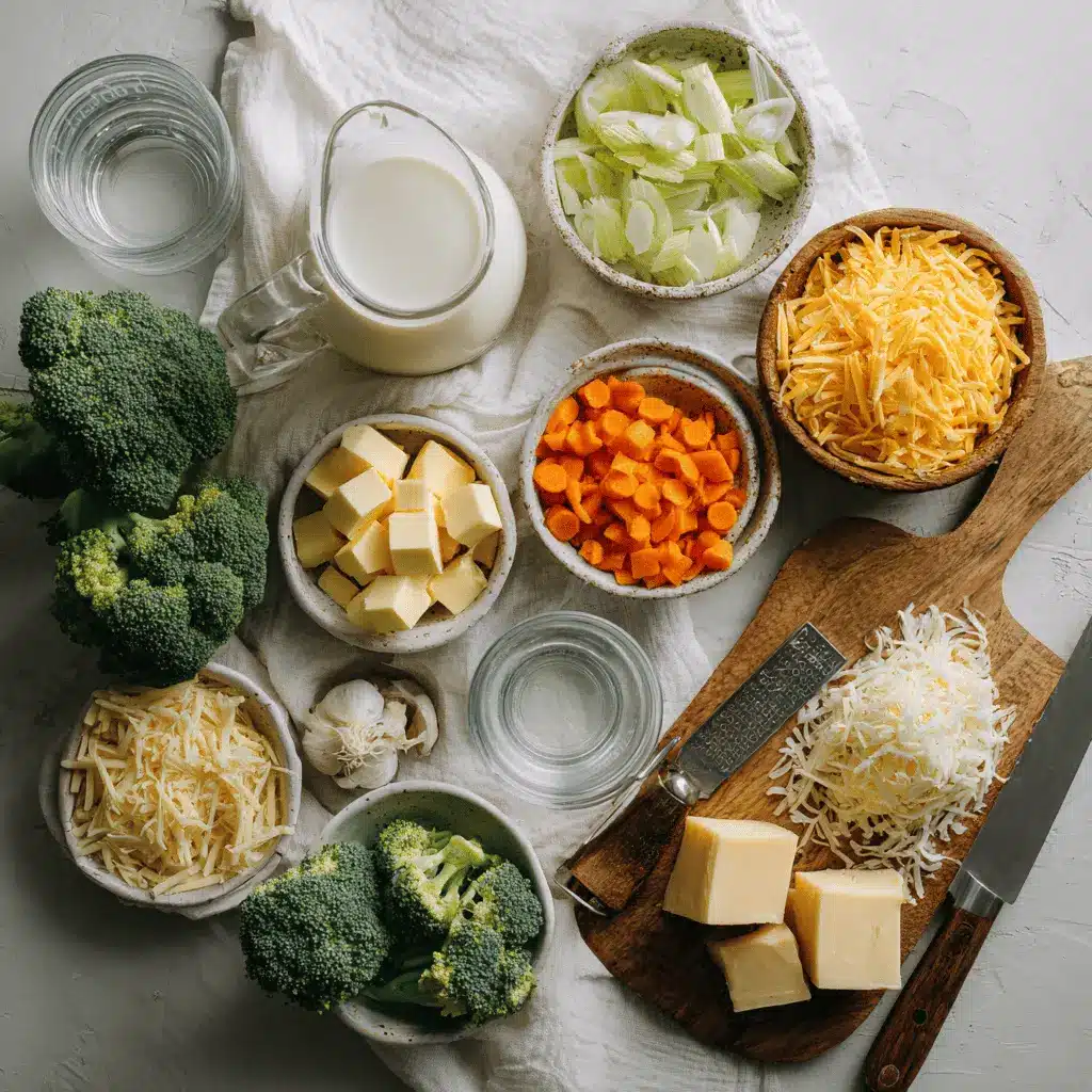 High Protein Broccoli Cheddar Soup: Tasty and Easy Recipe 4 Ingredients for high protein broccoli cheddar soup styled on white background featuring cheese, vegetables and blender