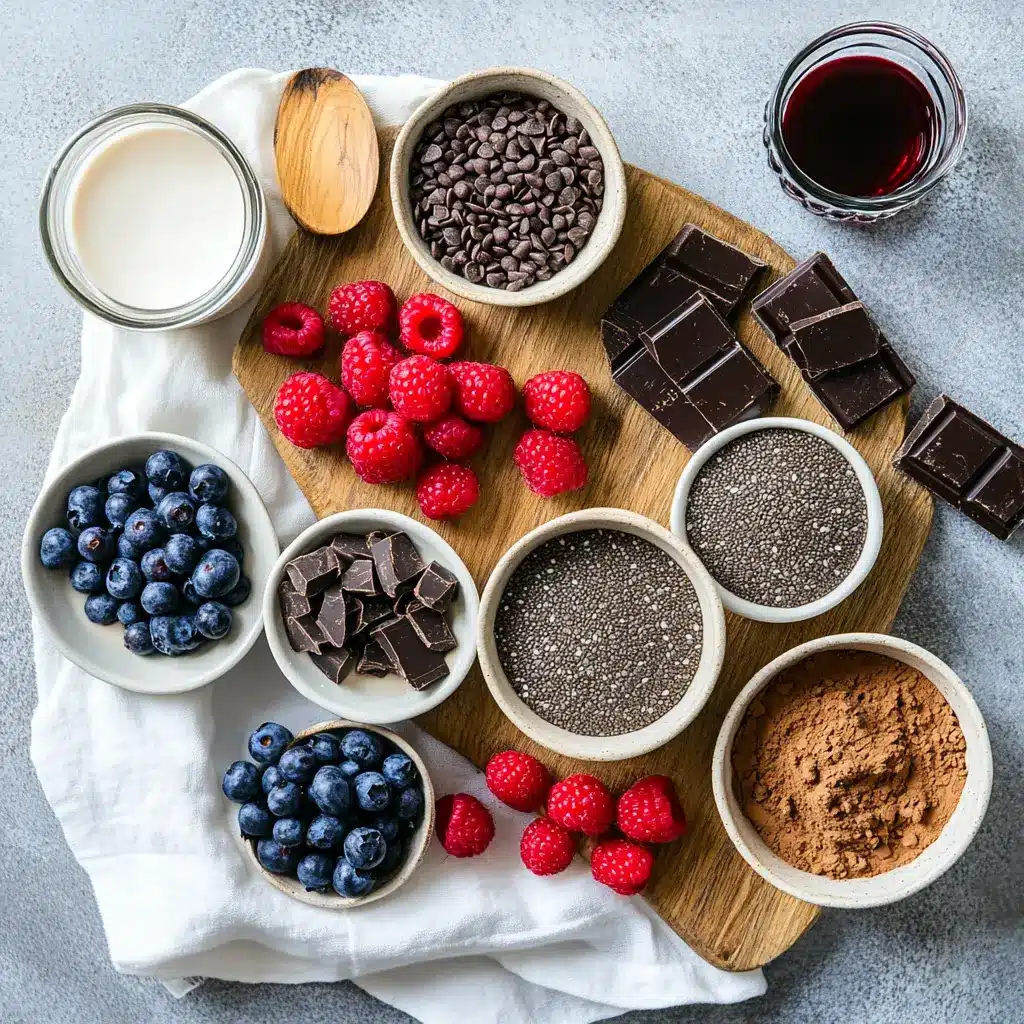 High Protein Chocolate Chia Pudding: Easy Irresistible Treat 4 Jar of high protein chocolate chia pudding with toppings like berries, coconut cream, and cacao nibs
