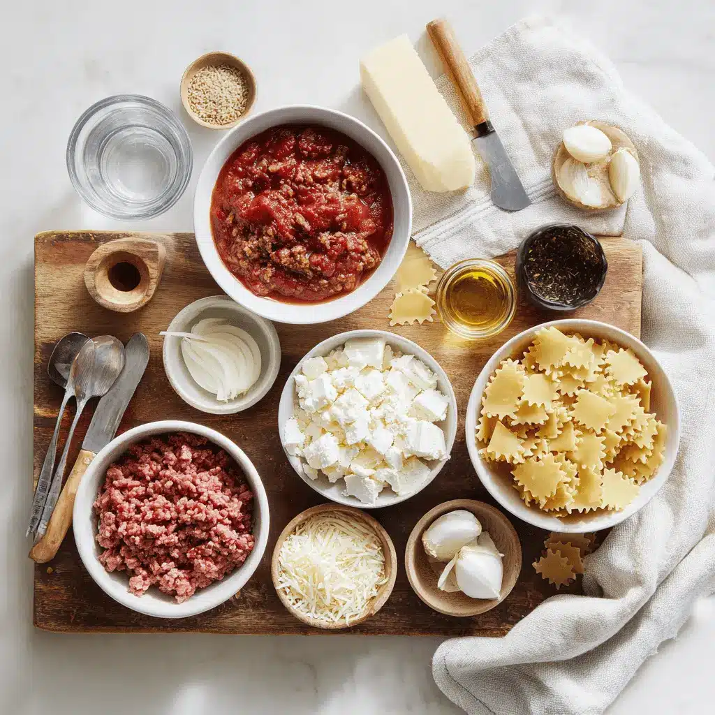 Ingredients for HIGH PROTEIN LASAGNA SOUP including ground beef, crushed tomatoes, herbs, pasta, ricotta, and Parmesan