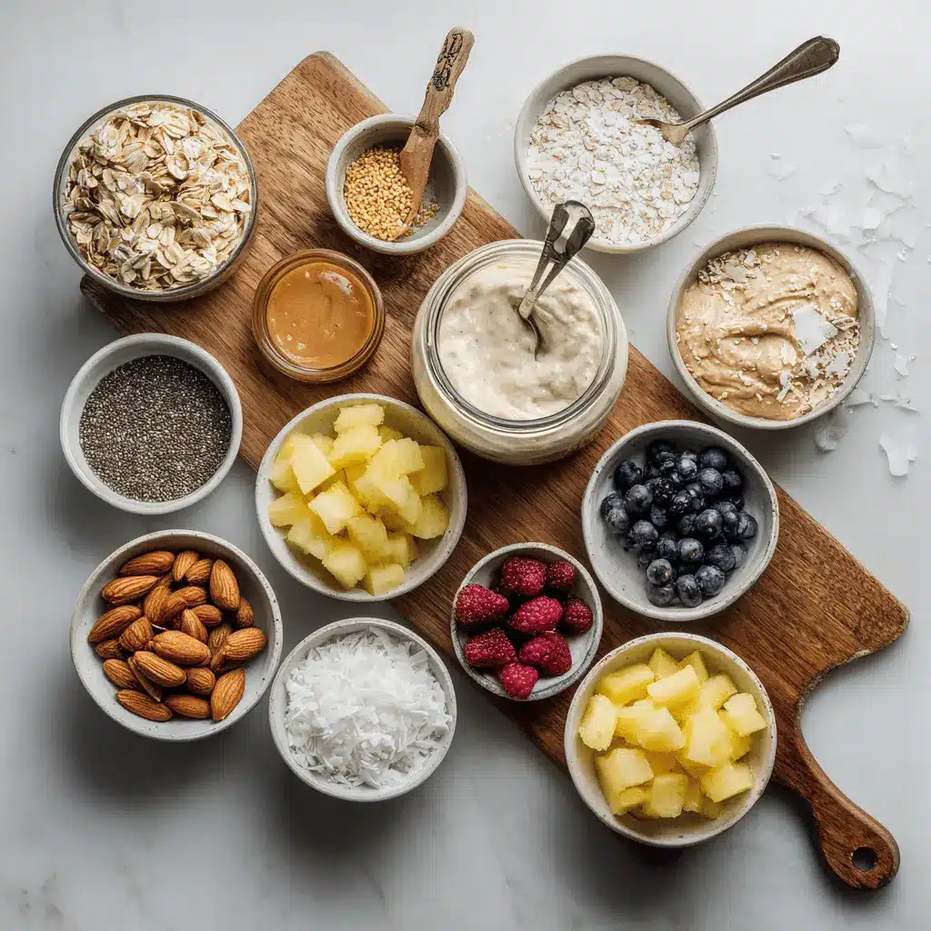 High-Protein Overnight Oats Recipe: Deliciously Easy 4 Jar of creamy high protein overnight oats topped with berries, coconut, and chia seeds in natural light