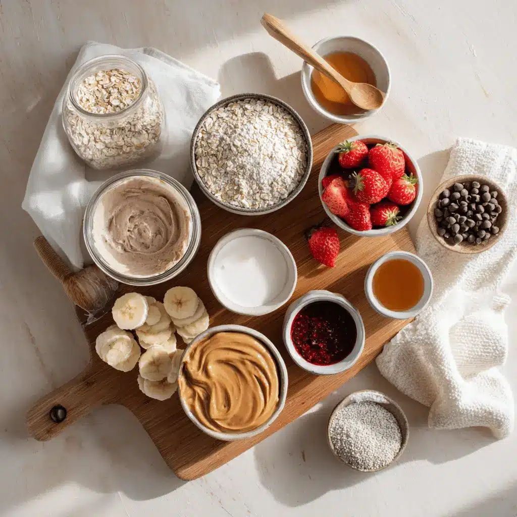 High Protein Overnight Oats: Delicious Easy Breakfast 5 Jar of high protein overnight oats topped with strawberries, banana slices, peanut butter drizzle, and chocolate chips