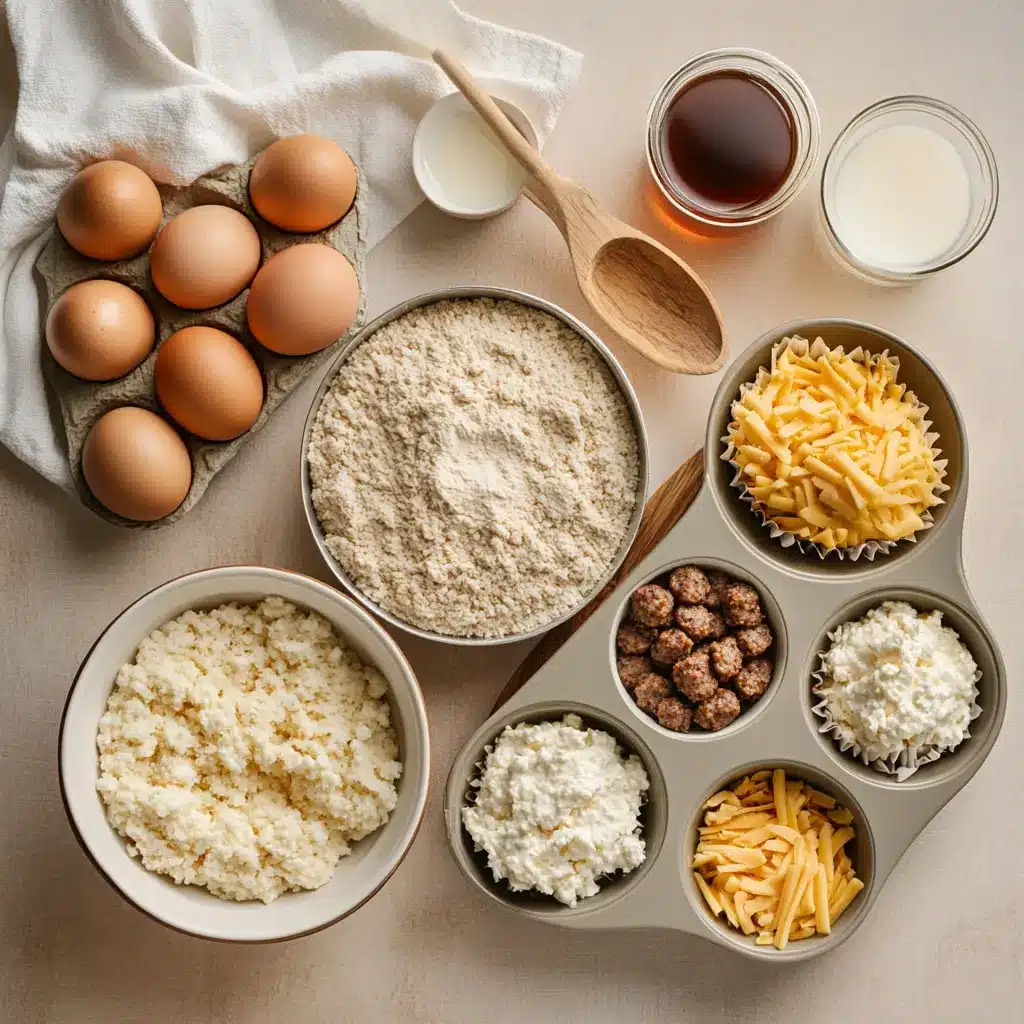 High-Protein Pancake Sausage Mini Muffins: Easy and Delicious Recipe 4 Ingredients for High Protein Pancake Sausage Mini Muffins including Kodiak mix, cooked sausage, eggs, and cheese