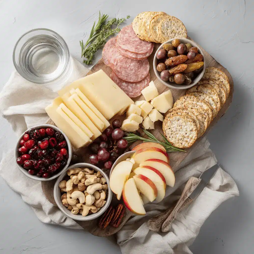 Holiday-Themed Charcuterie: Easy and Irresistible Ideas 4 Holiday Themed Charcuterie board with salami prosciutto aged cheddar brie grapes apples and herbs