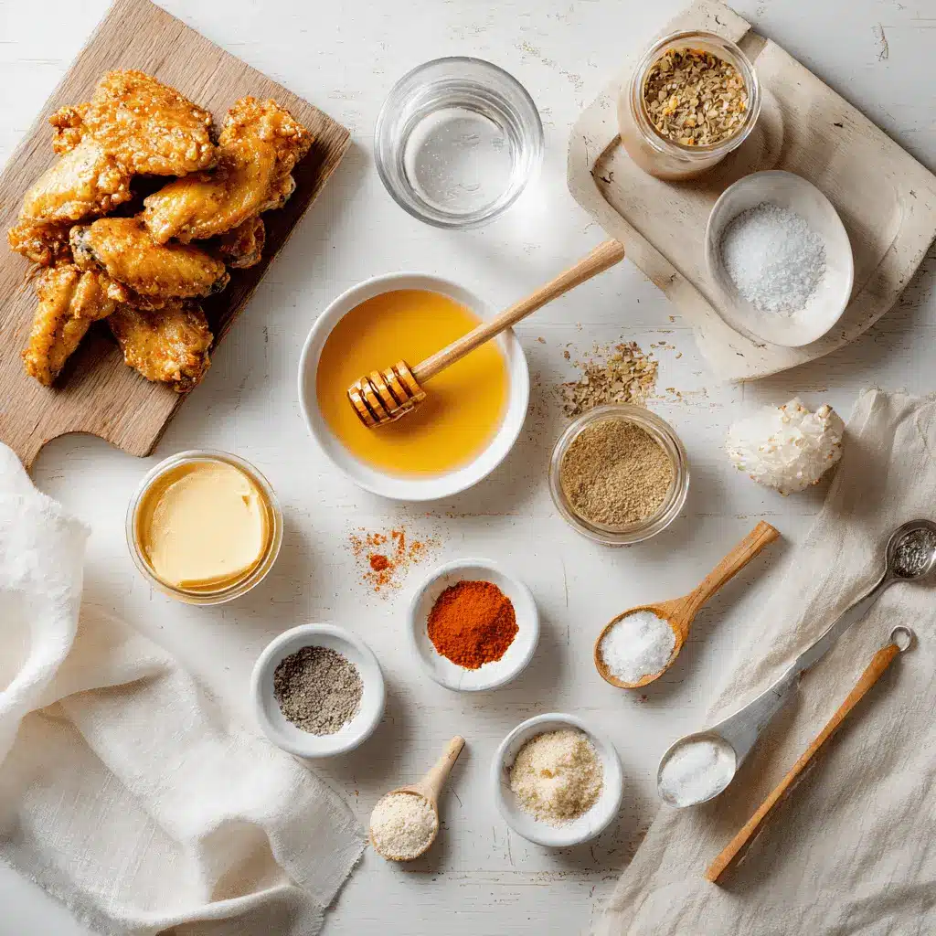 Honey Buffalo Wings: Easy and Irresistibly Delicious 4 Honey Buffalo Wings on white cloth with clear water glass warm golden glaze and seasoning