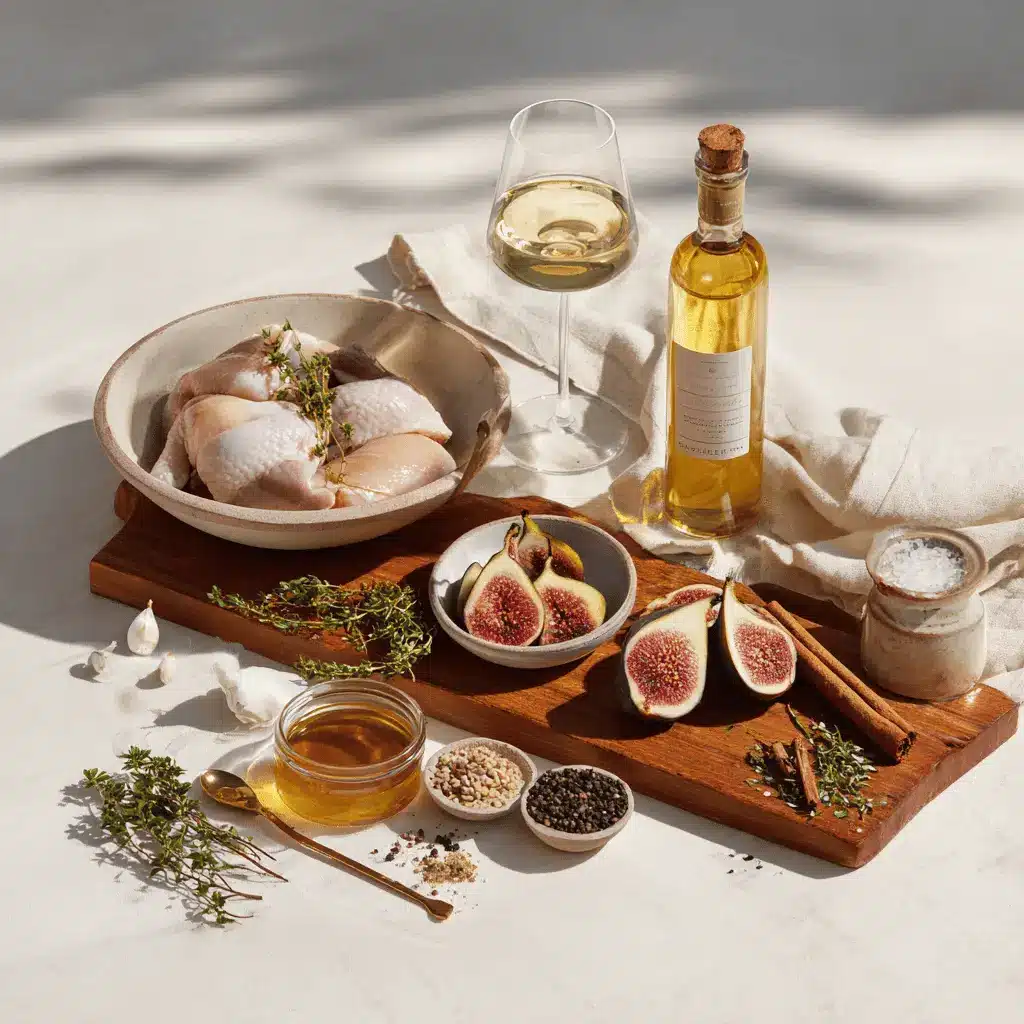 Honey Roasted Chicken with Sweet Figs: Easy to Love Meal 4 Honey Roasted Chicken with Sweet Figs plated on white cloth napkin with figs and honey jar