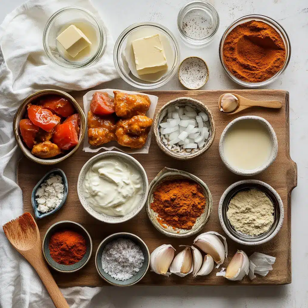 Indian Butter Chicken: Easy and Delicious Recipe 4 Ingredients for Indian Butter Chicken laid out on a white table, including chicken, yogurt, spices, tomatoes, and cream