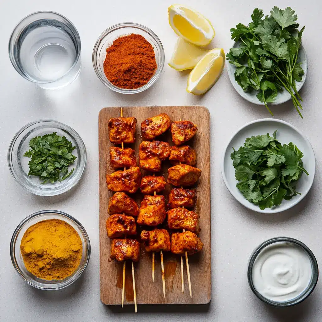 Indian Tandoori Chicken Tikka Kebab Skewers: Easy and Delicious Recipe 4 Ingredients for Indian Tandoori Chicken Tikka Kebab Skewers including chicken, spices, yogurt, lemon, and fresh herbs