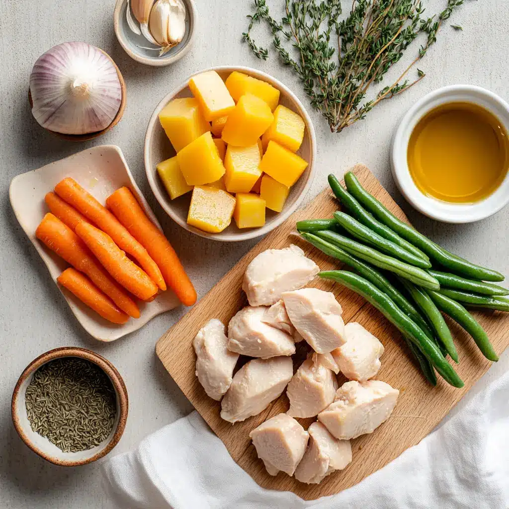 Instant Pot Homestyle Chicken and Vegetables: Easy Comfort Meal 4 Instant Pot Homestyle Chicken and Vegetables ingredients layout including carrots, chicken thighs, herbs, and potatoes