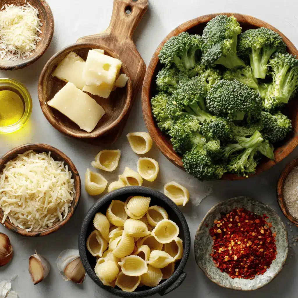 Light and Healthy Broccoli Pasta: Easy Delicious Recipe 4 Ingredients for Light and Healthy Broccoli Pasta including fresh broccoli, garlic, shell pasta, olive oil, parmesan cheese on a wooden kitchen counter