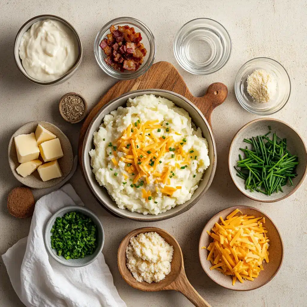 Loaded Mashed Potatoes: Easy and Irresistibly Delicious 4 Ingredients for loaded mashed potatoes including russet potatoes, melted cheddar cheese, crispy bacon bits, salted butter, sour cream, and chopped chives arranged on a white cloth