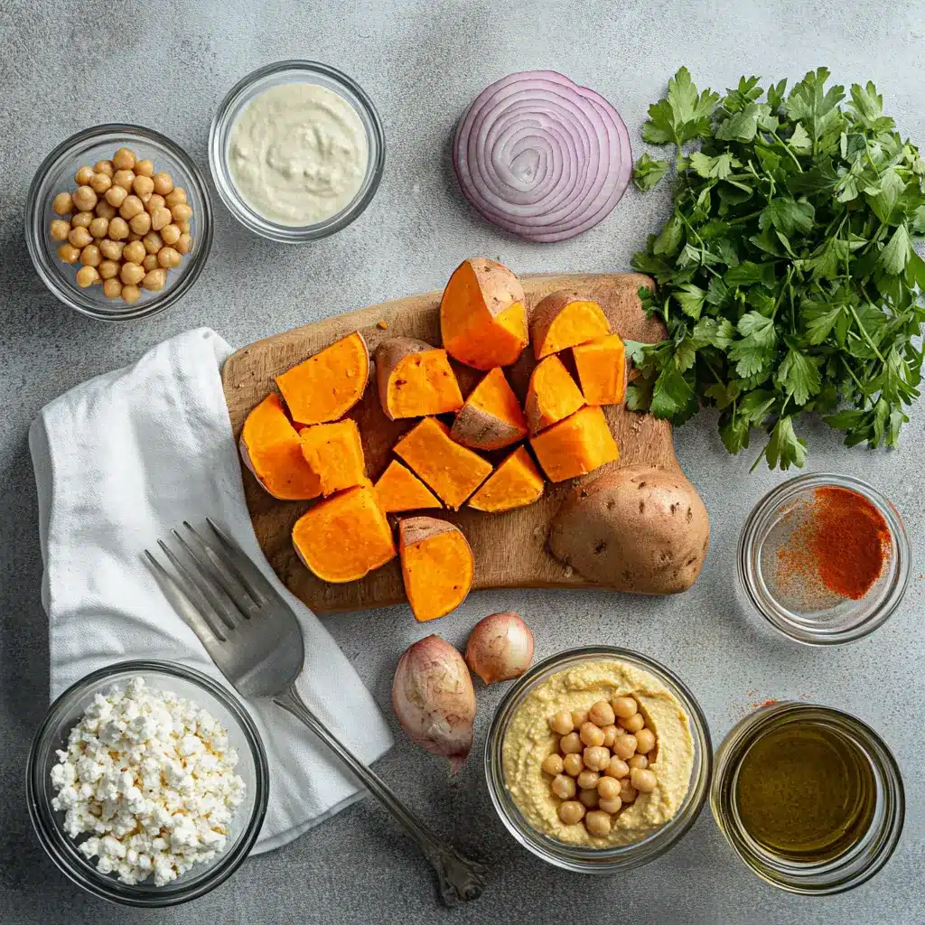 Loaded Roasted Sweet Potato: Delicious and Easy Recipe 4 Ingredients for LOADED ROASTED SWEET POTATO including hummus, crispy chickpeas, red onion, fresh herbs, crumbled feta cheese, and olive oil