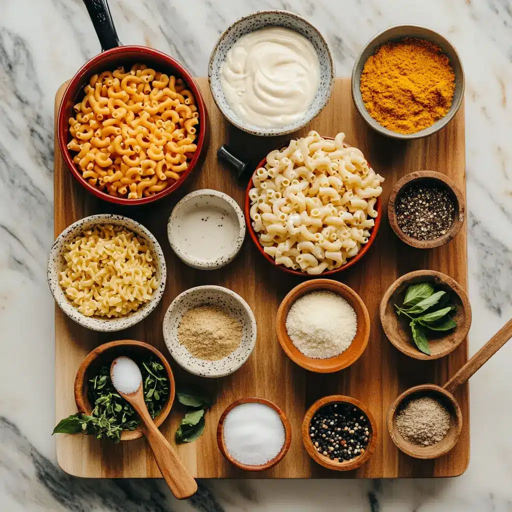 One Pot Creamy Mac and Cheese (Stovetop): Easy Delicious Magic 4 Ingredients laid out for one pot creamy stovetop mac and cheese: cheddar, mozzarella, pasta, heavy cream, and spices