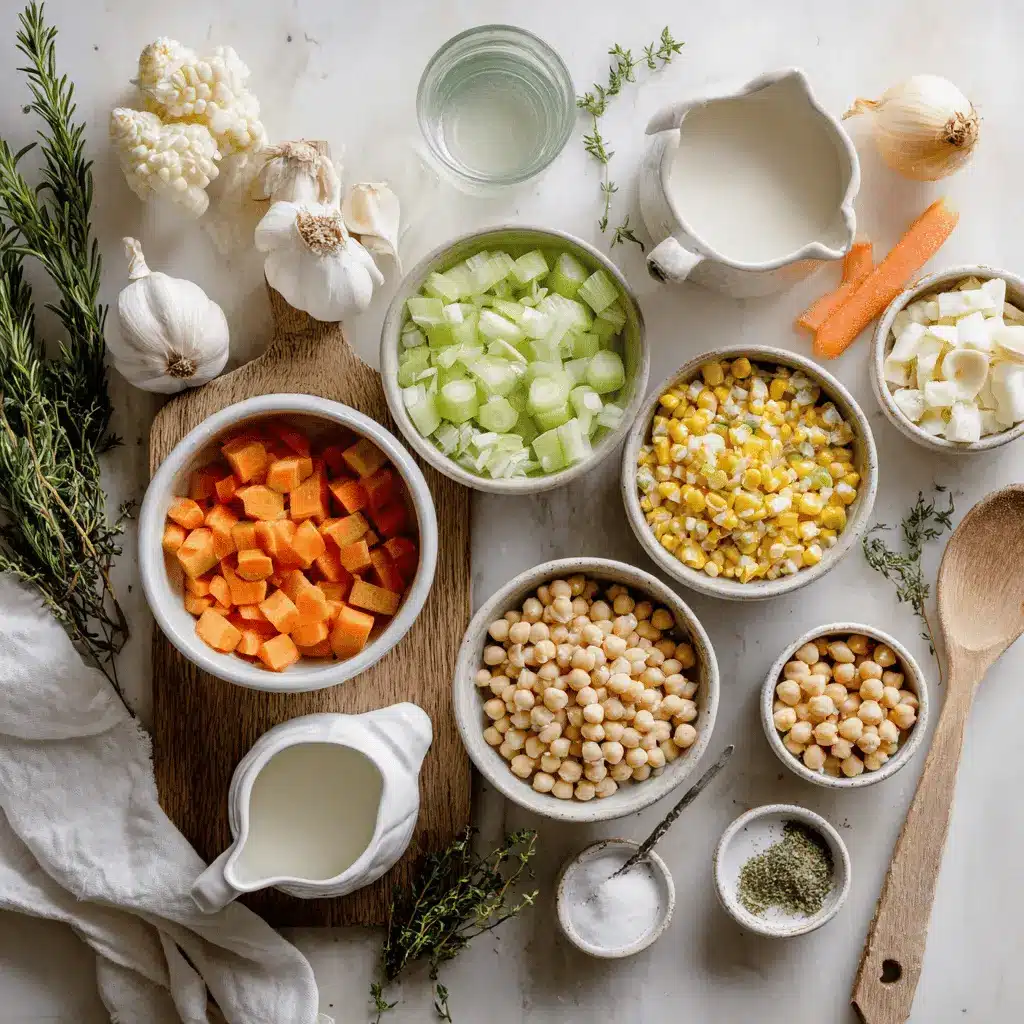 One-Pot Creamy Vegetable Soup: Delicious and Easy Recipe 4 Flat lay of ingredients for one pot creamy vegetable soup including potatoes, carrots, chickpeas, celery, and herbs