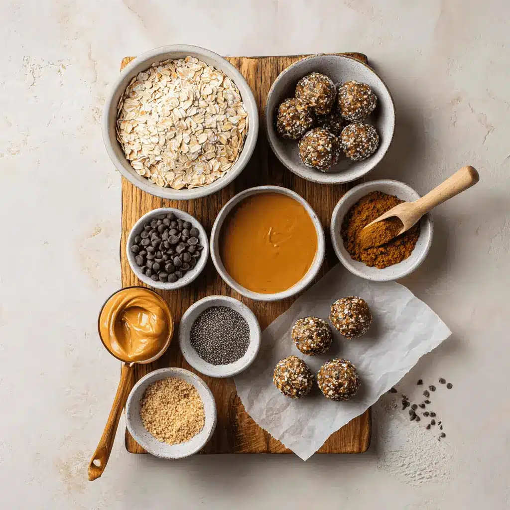 Oatmeal Peanut Butter Protein Balls Recipe: Irresistibly Easy & Delicious 4 Ingredients for oatmeal peanut butter protein balls recipe including oats, peanut butter, protein powder and flaxseed on a wooden board in daylight