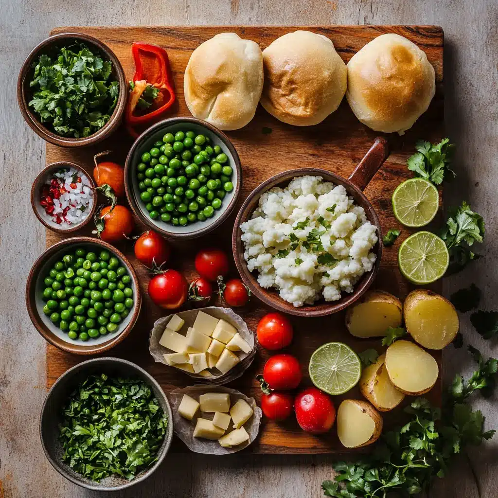 Pav Bhaji: Easy Delicious Indian Street Feast 4 Ingredients for Pav Bhaji with potatoes, tomatoes, cauliflower, masala spice mix, butter, and pav