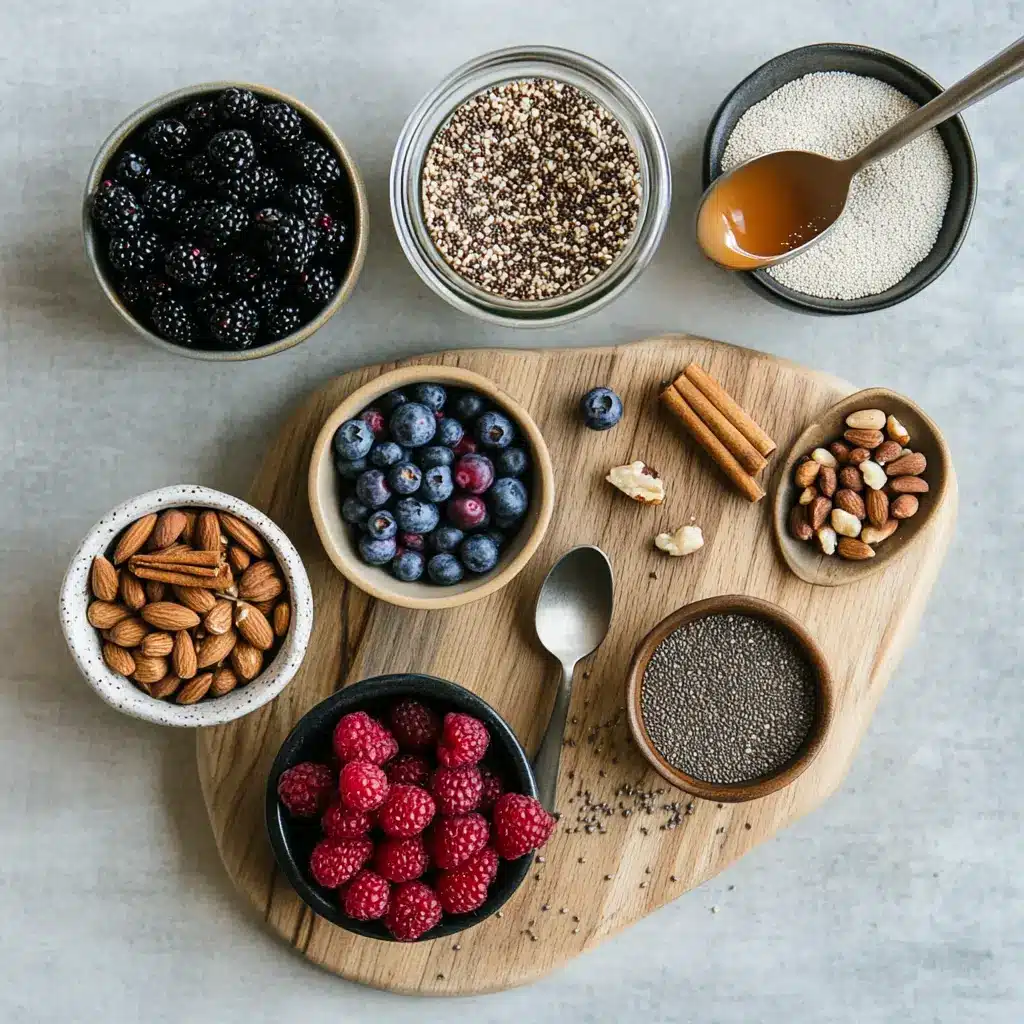 Protein Coffee Chia Pudding Recipe: Delicious Easy Delight 4 Ingredients for protein coffee chia pudding: chia seeds, almond milk, espresso, protein powder, fresh berries, and nuts