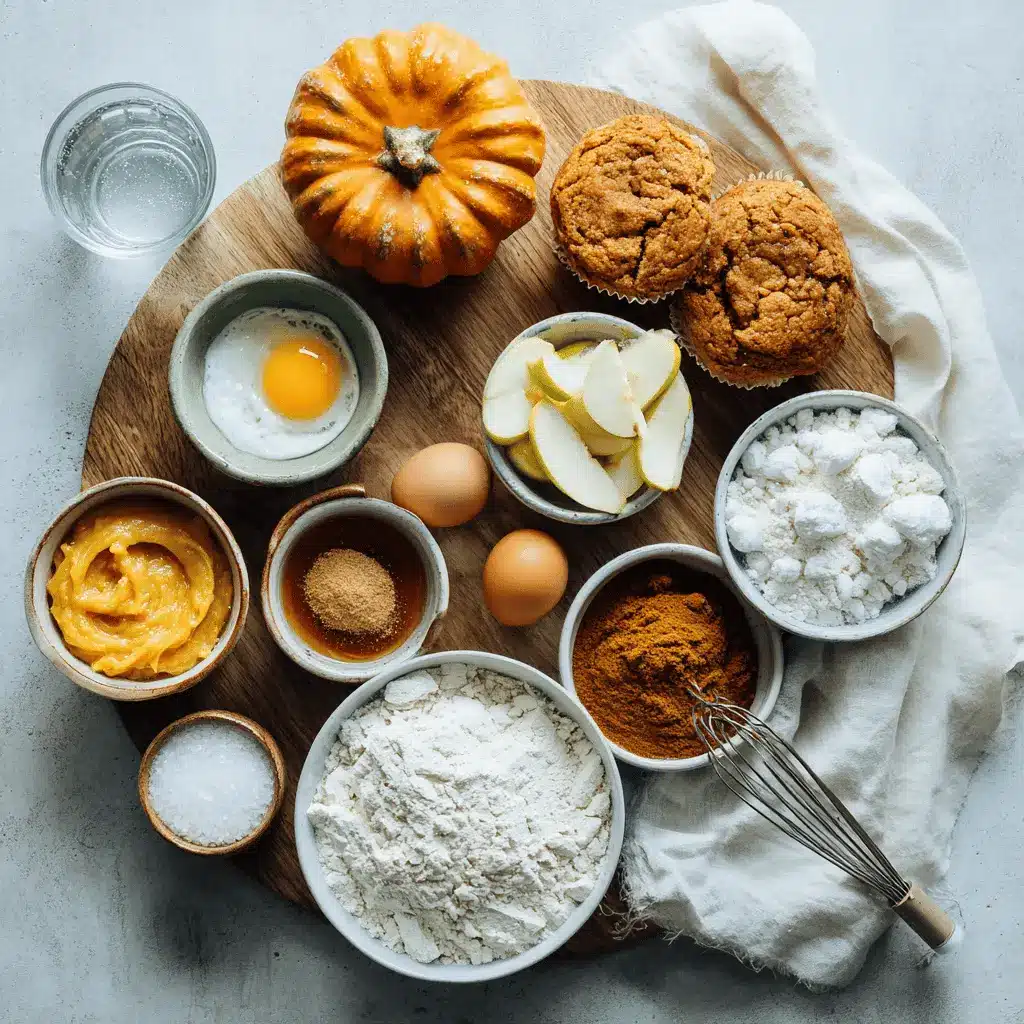 Pumpkin Apple Muffins: Delicious Fall Baking Treat 4 Ingredients for pumpkin apple muffins including canned pumpkin, diced apples, coconut oil, pumpkin pie spice, and flour, arranged on a light surface