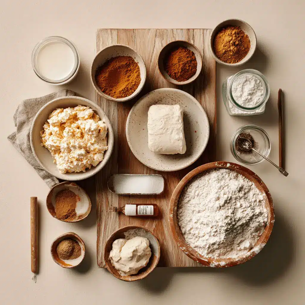 Pumpkin Sourdough Cinnamon Rolls: Easy and Delicious 4 Ingredients laid out for pumpkin sourdough cinnamon rolls including sourdough starter, pumpkin puree, spices, and flour