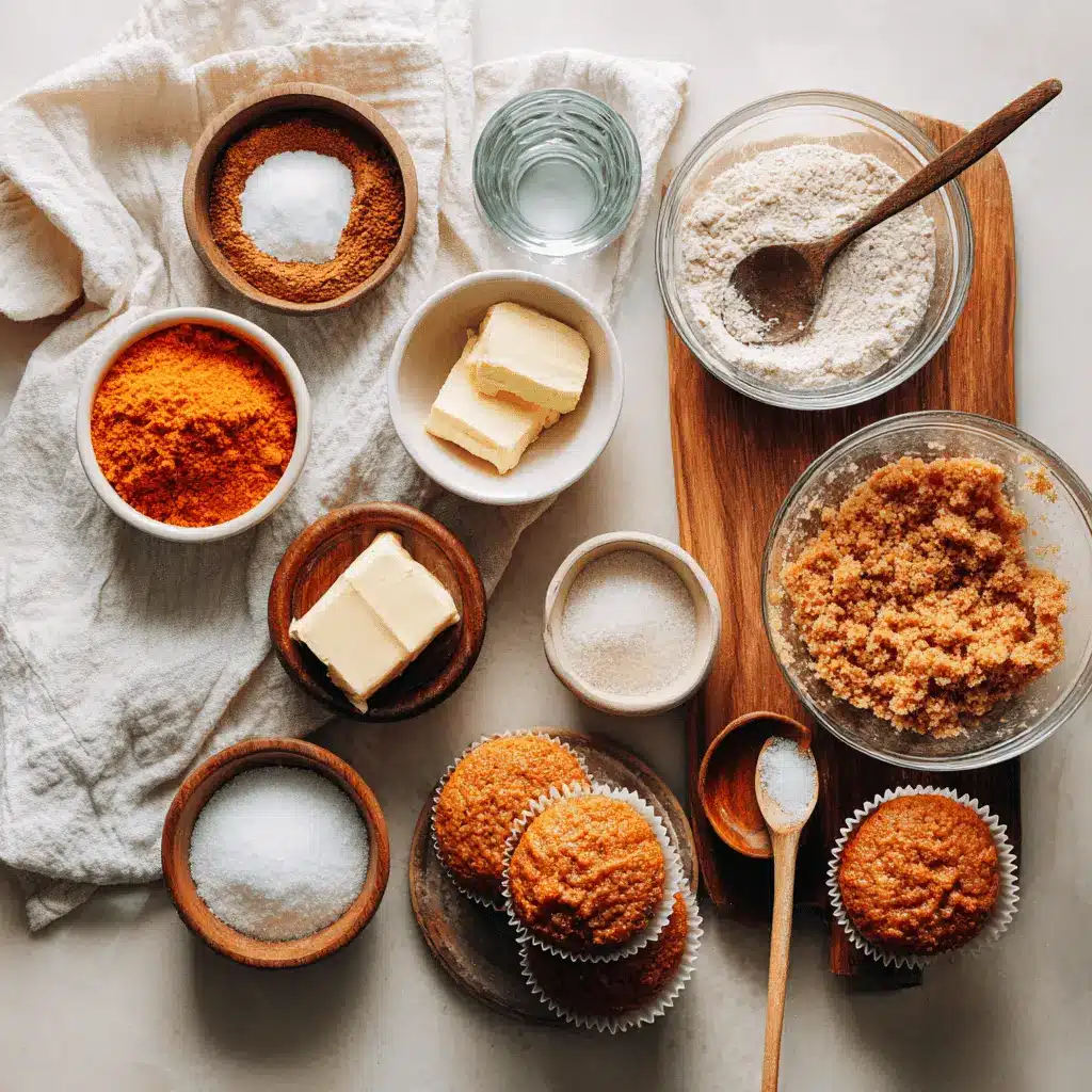 Pumpkin Streusel Muffins: Irresistible and Easy Recipe 4 Pumpkin Streusel Muffins ingredients display including canned pumpkin, carrot cake mix, brown sugar, flour, cinnamon, and butter arranged on a white cloth with warm light