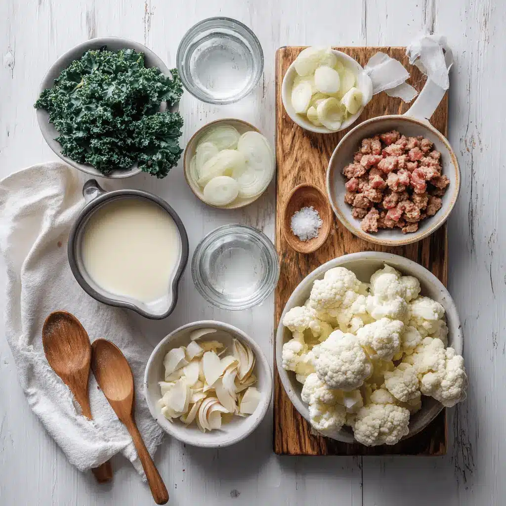 Quick Keto Zuppa Toscana Soup with Cauliflower: Easy Delicious Recipe 4 Top-down view of quick keto zuppa toscana soup with cauliflower, sausage, bacon, and kale in a creamy broth