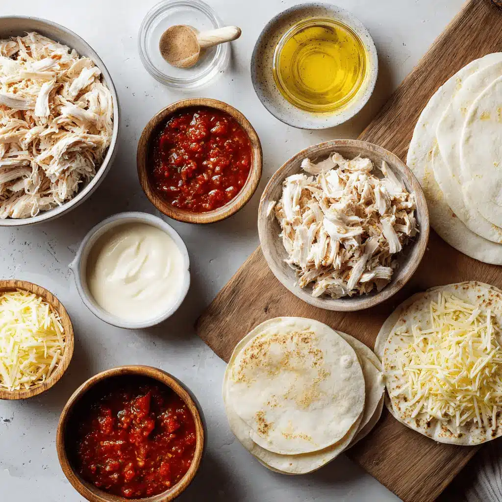 Rolled Chicken Tacos: Delicious and Simple Recipe 4 Ingredients for rolled chicken tacos: shredded rotisserie chicken, white cheese, colby jack cheese, and red salsa arranged for baking