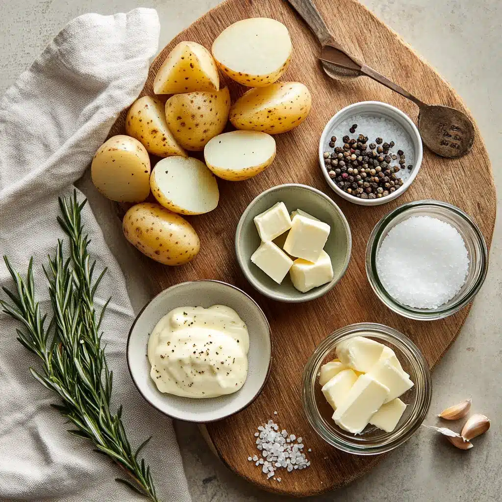 Rosemary Garlic Mashed Potatoes: Easy Irresistible Recipe 4 Ingredients laid out for making rosemary garlic mashed potatoes using Yukon gold potatoes, fresh rosemary, garlic, cream, and butter
