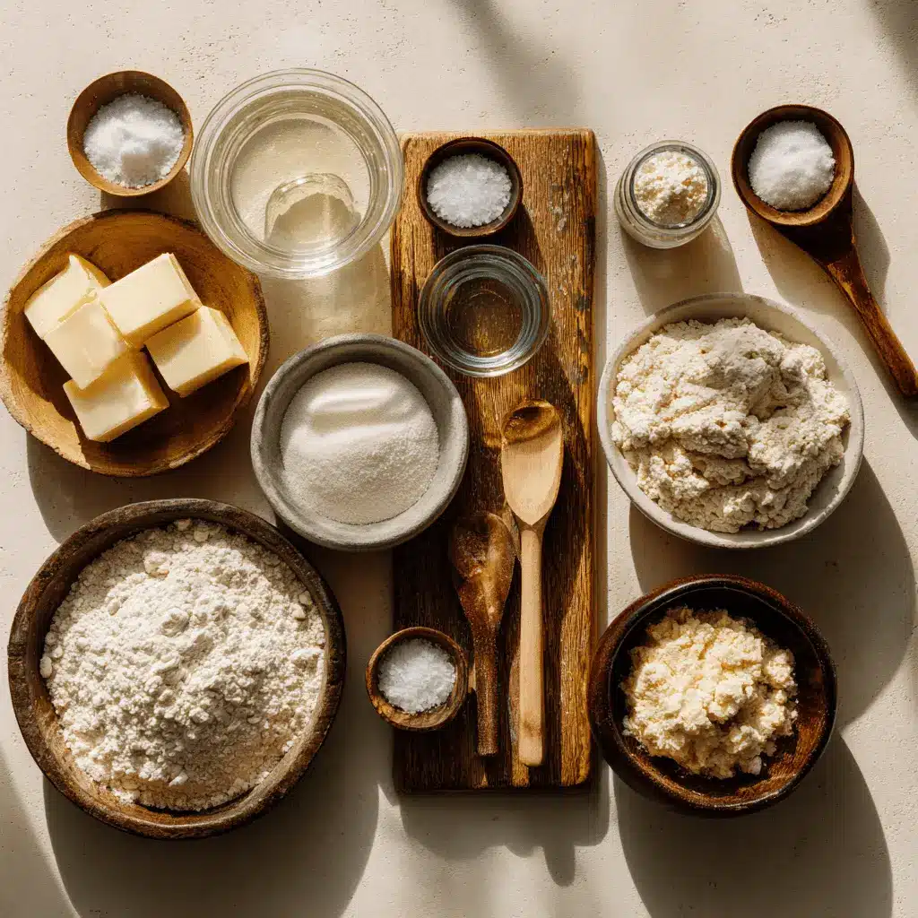 Sourdough Pie Crust: Easy and Delicious Recipe 4 Ingredients for sourdough pie crust including flour, butter, sourdough starter, and glass jar on white napkin