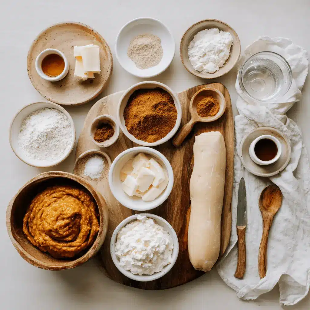 Sourdough Pumpkin Cinnamon Rolls: Easy Delicious Recipe 4 Baking ingredients for sourdough pumpkin cinnamon rolls including pumpkin puree, butter, spices, and sourdough starter on a white counter
