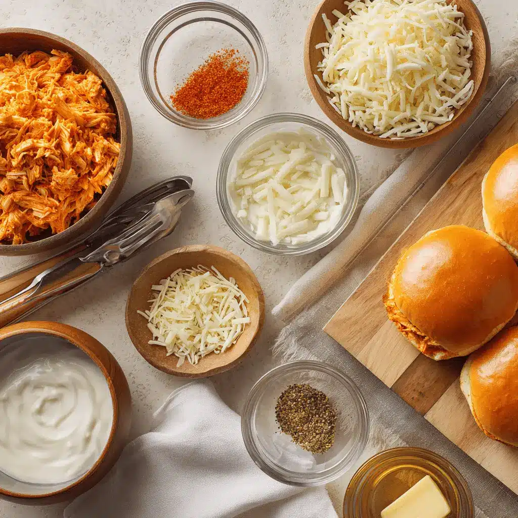 Spicy Buffalo Chicken Sliders: Irresistibly Easy Recipe 4 Ingredients for spicy buffalo chicken sliders: shredded chicken, buffalo hot sauce, slider buns, melted cheese, garlic butter