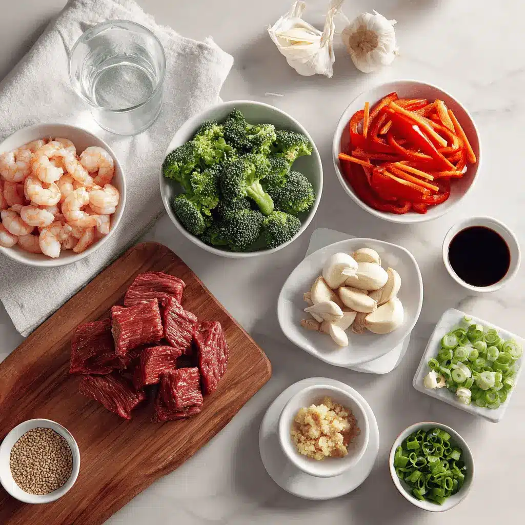 Steak and Shrimp Stir Fry: Easy and Delicious Recipe 4 Raw ingredients for steak and shrimp stir fry including flank steak, peeled shrimp, bell peppers, and fresh ginger on a prep table