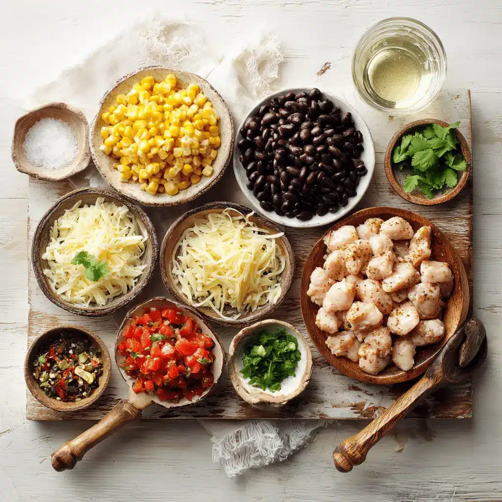 Santa Fe Chicken: Easy and Irresistible Skillet Recipe 4 Key ingredients for Santa Fe Chicken laid out, including Rotel tomatoes, black beans, corn, cheese, and spices