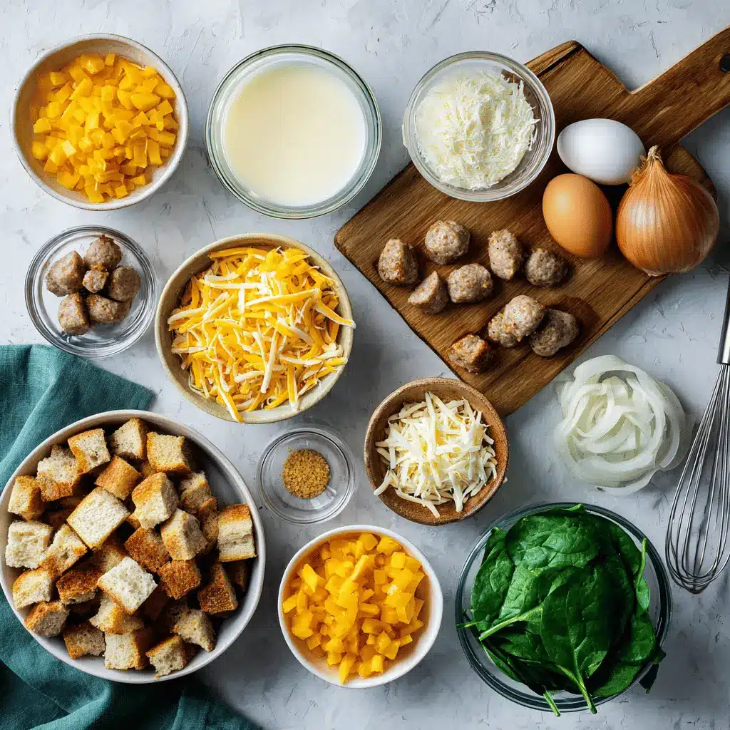Sausage and Egg Casserole: Easy Delicious Comfort 4 Ingredients for Sausage and Egg Casserole including sausage, eggs, cheddar cheese, peppers, and spinach