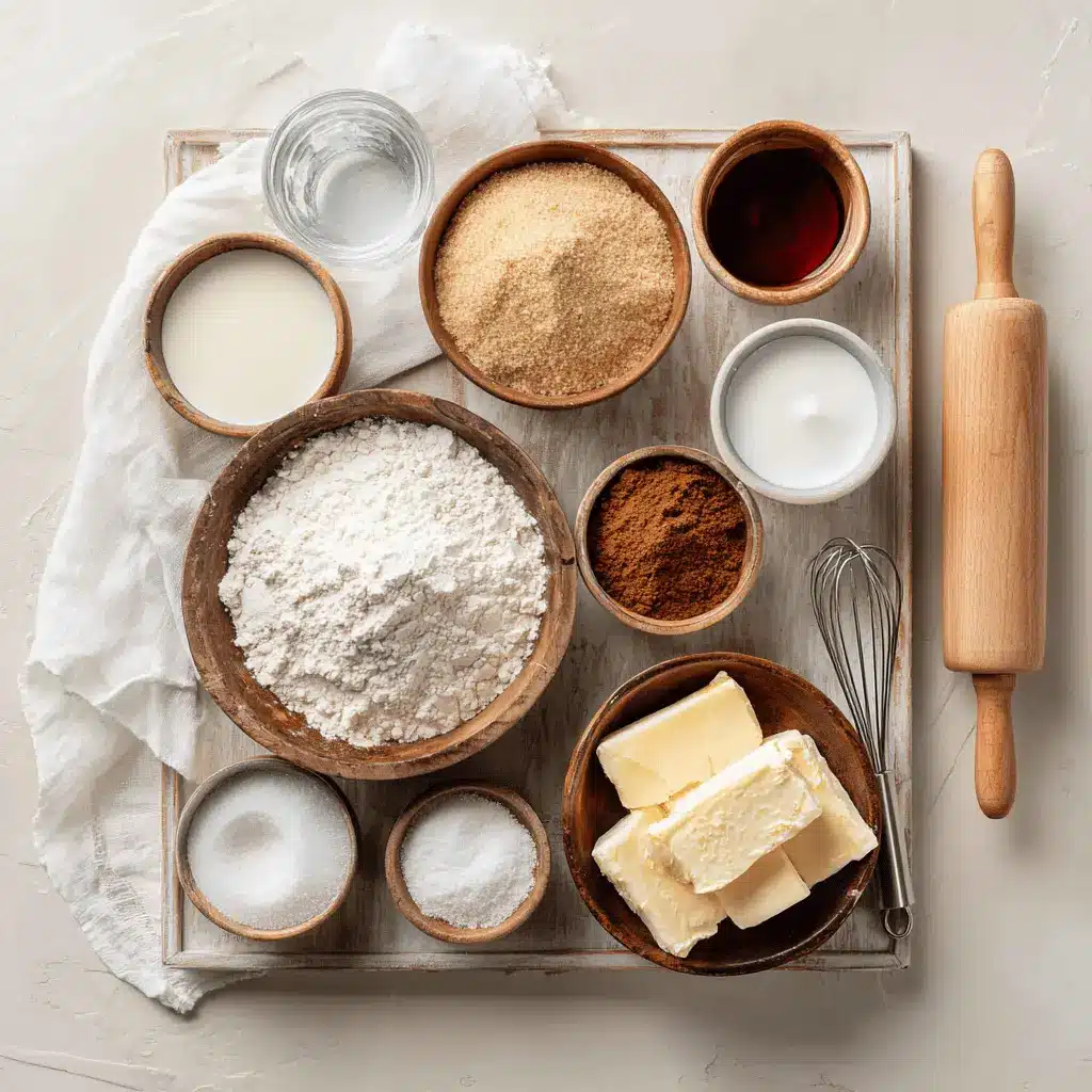 The Best Cinnamon Rolls: Easy and Irresistible Recipe 4 Overhead view of ingredients for the best cinnamon rolls including flour, yeast, cinnamon, and butter on a white kitchen surface