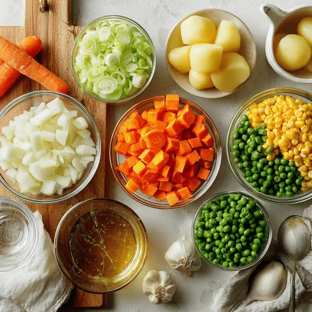 Vegetable Soup: Fresh and Irresistible Recipe Made Easy 4 Overhead image of hearty vegetable soup with carrots, potatoes, green beans, and corn in a white bowl resting on a linen cloth