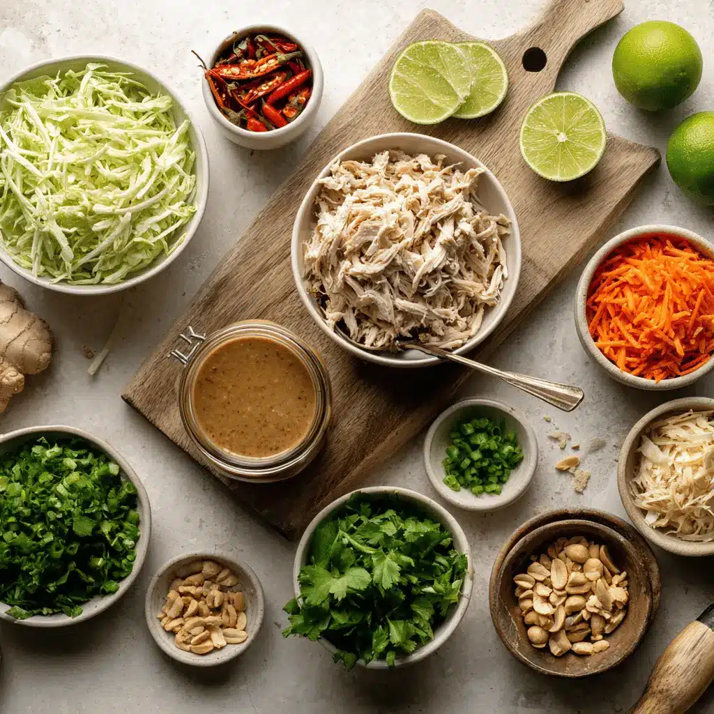 Zesty Thai-Inspired Chicken Salad Delight: Vibrant and Easy Recipe 4 Ingredients for zesty Thai-inspired chicken salad: shredded chicken, green cabbage, carrots, cilantro, lime, peanuts