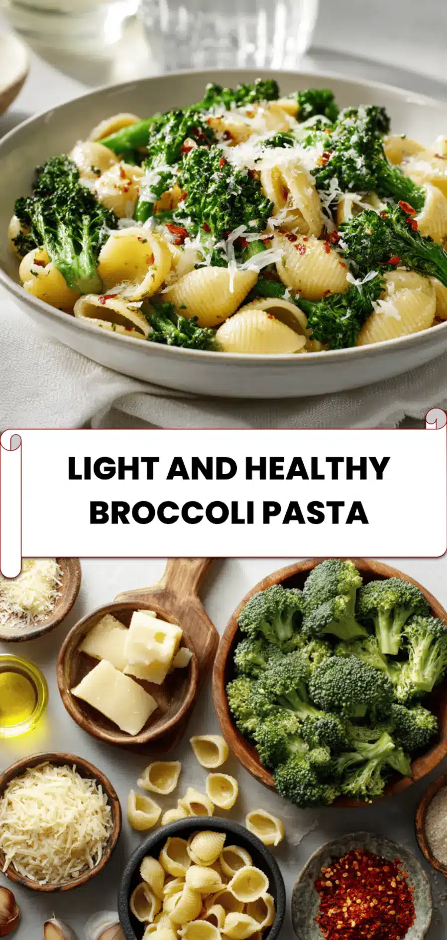 Light and Healthy Broccoli Pasta: Easy Delicious Recipe 5 Light and Healthy Broccoli Pasta served in a white bowl with melted cheese, olive oil gloss, and pine nuts for garnish