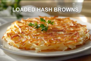 LOADED HASH BROWNS with avocado scrambled eggs cottage cheese and everything bagel seasoning on napkin