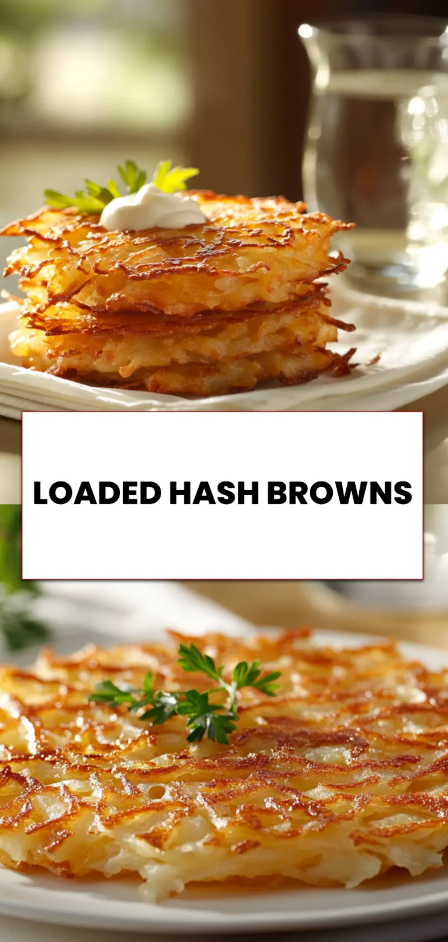 Loaded Hash Browns: Simple Irresistible Breakfast Magic 5 Loaded hash browns with scrambled eggs, avocado, cottage cheese, and seasoning served on a napkin - Pinterest image
