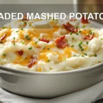LOADED MASHED POTATOES topped with melted cheddar bacon chives butter and creamy white sauce on white cloth