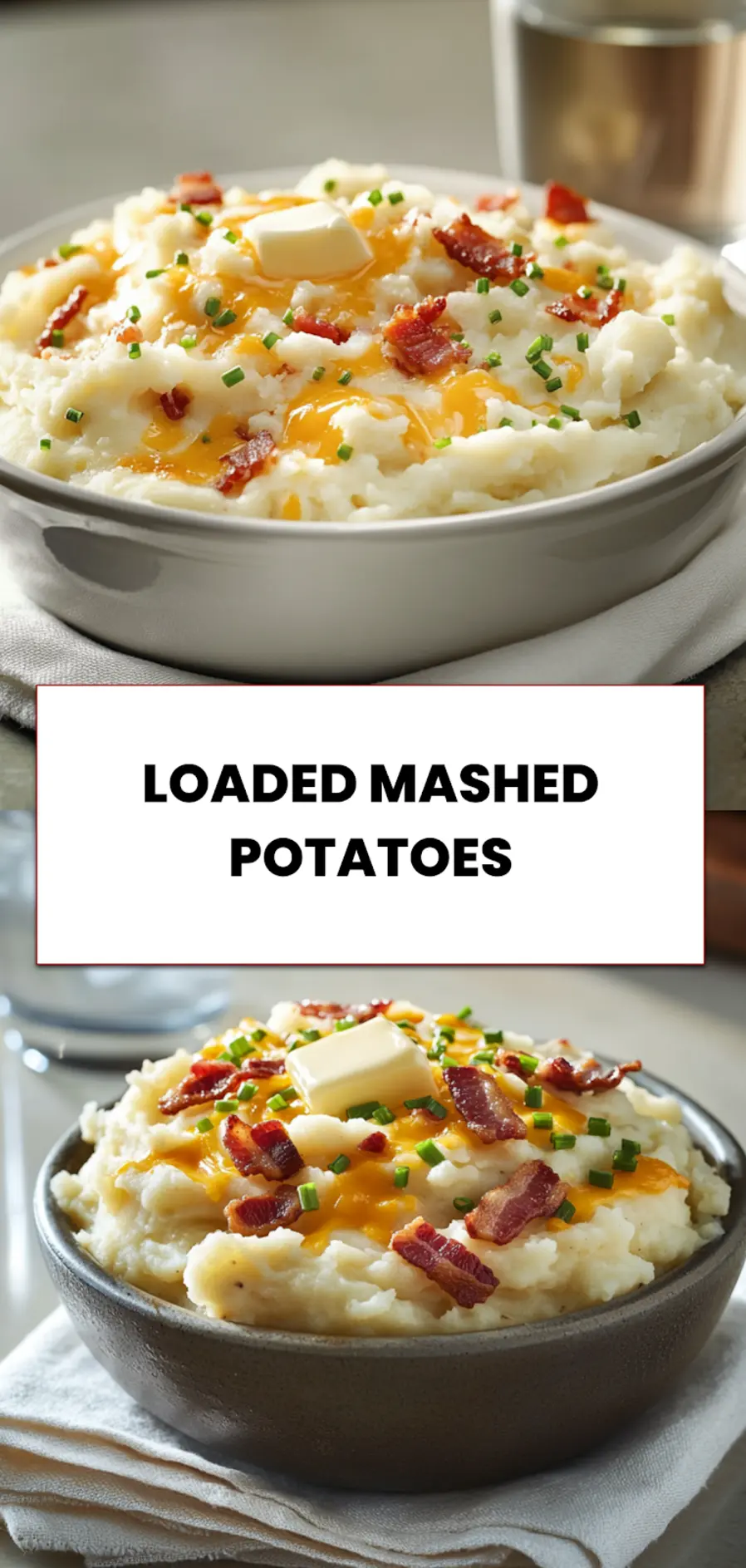 Loaded Mashed Potatoes: Easy and Irresistibly Delicious 5 Serving dish of loaded mashed potatoes with bacon, melted cheddar, sour cream, and chopped chives from overhead angle