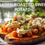 LOADED ROASTED SWEET POTATO with hummus crispy chickpeas red onion herbs crumbled cheese olive oil drizzle