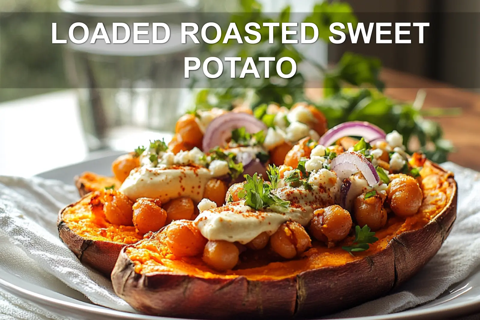 LOADED ROASTED SWEET POTATO with hummus crispy chickpeas red onion herbs crumbled cheese olive oil drizzle