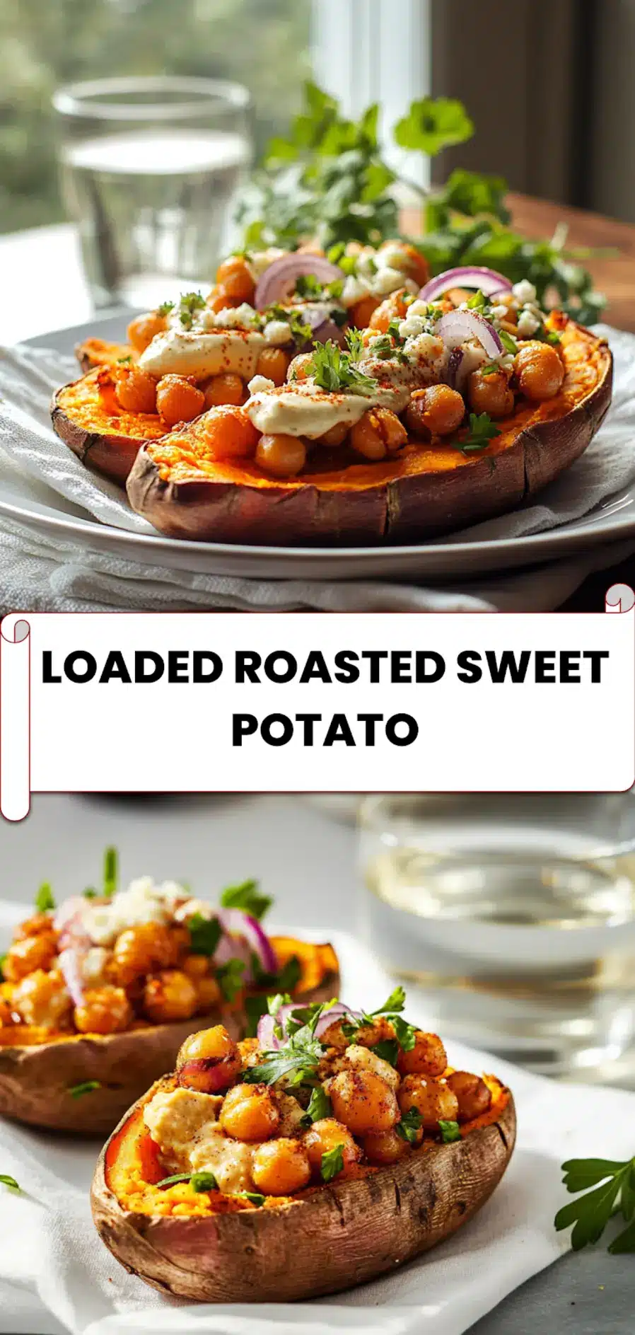 Loaded Roasted Sweet Potato: Delicious and Easy Recipe 5 Plated LOADED ROASTED SWEET POTATO featuring hummus, chickpeas, red onions, herbs, vegan feta and a drizzle of olive oil