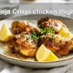 Ninja Crispi chicken thighs crispy golden skin bone-in skin-on chicken pieces on white cloth