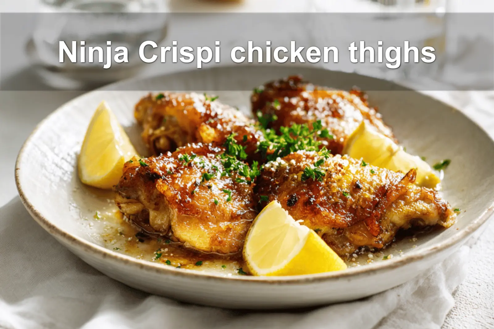 Ninja Crispi chicken thighs crispy golden skin bone-in skin-on chicken pieces on white cloth
