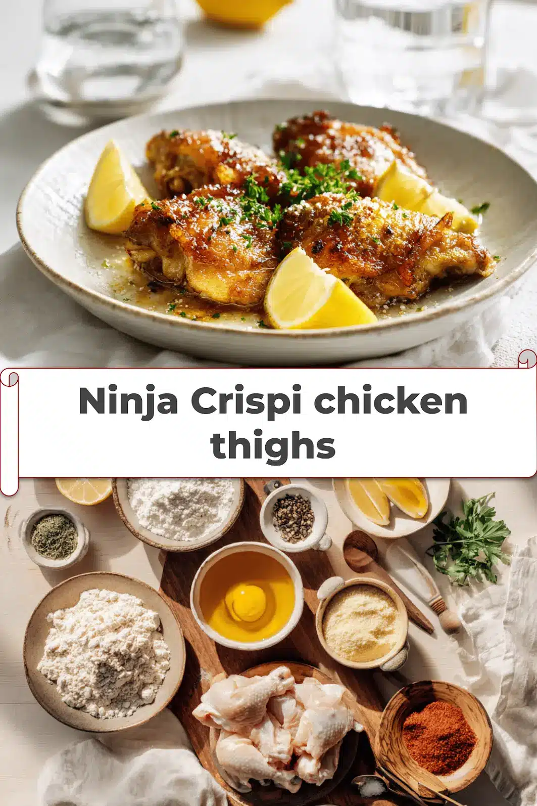 Ninja Crispi chicken thighs recipe for irresistibly tasty meals 5 Ninja Crispi chicken thighs crispy golden skin bone-in skin-on chicken pieces on white cloth_pin