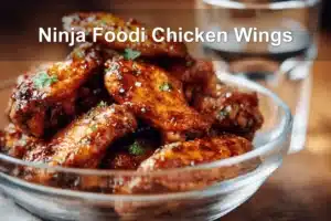 Ninja Foodi Chicken Wings on white napkin with clear glass of water and golden glaze